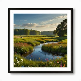 A Vibrant Spring Meadow With Blooming Flowers, Butterflies, And A Clear Stream 1 Art Print