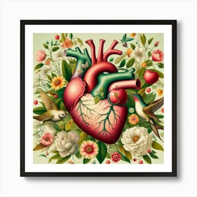 Heart With Birds And Flowers 1 Art Print