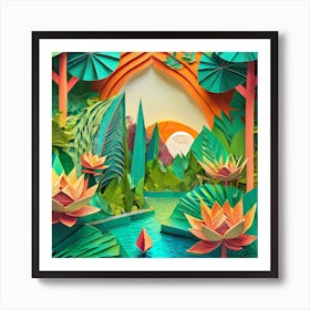 Firefly Beautiful Modern Abstract Lush Tropical Jungle And Island Landscape And Lotus Flowers With A (1) Art Print