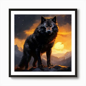 Big Male Jet Black Wolf Standing Tall And Proud On The Rocky Mountains Bright Yellow Eyes Art Print