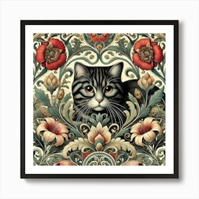 william morris Cat With Flowers 1 Art Print