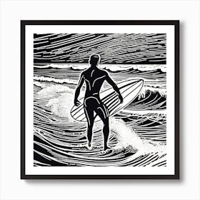 Linocut Black And White Surfer On A Wave art, surfing art, 6 Art Print