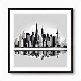 A Minimalist Black And White Illustration Of City Skyline, Capturing Iconic Landmarks, Suitable For (1) Art Print