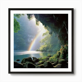 Meditation Cave In Lush Deciduous Forest Water Fall And Sacred Lake Hit Of Rainbow Art Print