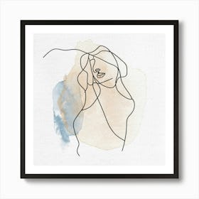 Black Line Drawing Woman Figure on Watercolor Painting Póster