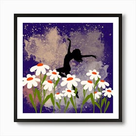 Silhouette Of A Girl With Daisies, Vector illustration of a happy dancing girl Art Print