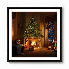 Cozy Christmas Eve Crackling Fireplace Casting A Soft Glow On The Elaborate Decorated Tree Toys Su (2) 2 Art Print