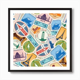 Travel Pattern Immigration Stamps Stickers With Historical Cultural Objects Travelling Visa Immigrant Art Print