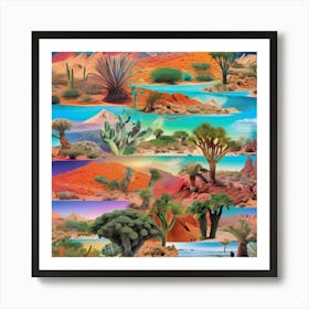 Desert Landscape, A Vibrant Collage Of Different Ecosystems Deserts Forests Oceans Seamlessly Blending Together Art Print