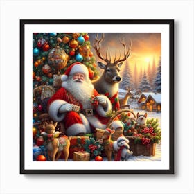 Santa Claus With Reindeer Art Print