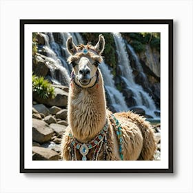 Llama In Front Of Waterfall Art Print