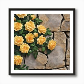 Yellow Climbing Roses On Stone Wall Art Print