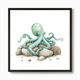 Sleepy Storybook Style Octopus On The Rocks 4 Art Print