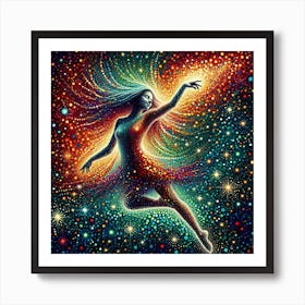 "Stardust Rhapsody: Cosmic Dance" - This luminous piece captures the essence of the universe's boundless energy through the form of a celestial dancer. Her body, composed of a constellation of vibrant points, seems to merge with the starry expanse, symbolizing the interconnectedness of all things. The artwork is a riot of color, with splashes of orange, blue, and green across a canvas of infinite darkness, representing the dance of creation itself. It's perfect for those who seek to bring the wonder of the cosmos into their home, offering a daily reminder of the beauty that lies beyond our world. This piece is a visual symphony that celebrates the joy of existence and the unending dance of the stars. Art Print