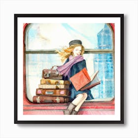 Girl reading on a train Art Print