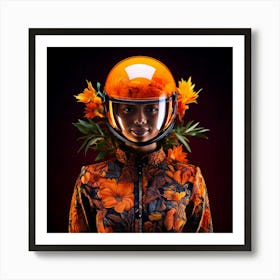 Firefly Striking Portrait, Futuristic Helmet, Glowing Plant, Vibrant, Bright Orange, Dark Background (9) Art Print