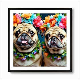 Two Pugs wearing Flower Wreath Crowns 2 Art Print