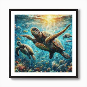 Sunset Sea Turtle Mosaic Art Print