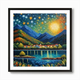 Starry Village Serenade: A Celestial Dance Over Mountain Hamlet wall art Art Print