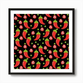 Red Chili Peppers On Black Background Art Print