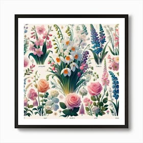 Birth flowers family bouquet 23 Art Print