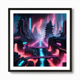 Cyberpunk industrial city with lava and river 5 Art Print