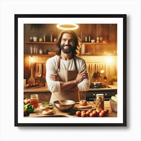 Jesus cooking a meal in a cozy modern kitchen Art Print