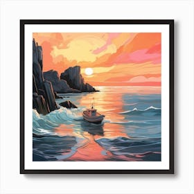 Sunset Boat On The Sea Art Print