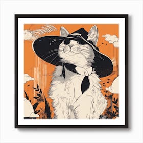 A Silhouette Of A Cat Wearing A Black Hat And Laying On Her Back On A Orange Screen, In The Style Of (2) Art Print