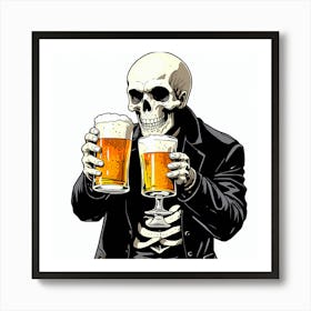 Skeleton Holding Beer Glasses Art Print