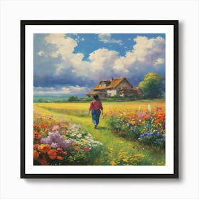 Girl Walking Through A Field Art Print