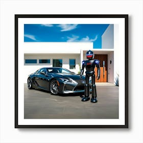 A Sleek Charcoal Grey Lexus Sports Car Is Parked In Front Of A Beautiful Modern House Guarded By A Futuristic Robot 2 Art Print