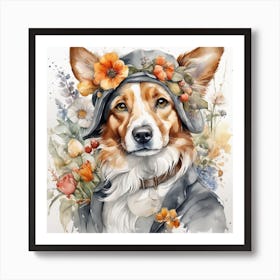 Style Joachim Beuckelaer Watercolor Vintage Style Cute With Dog Dark Grey Kitten With Flowers Whit Art Print