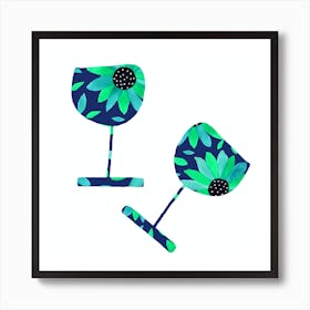 Floral Blue Green Wine Glasses Pair Art Print