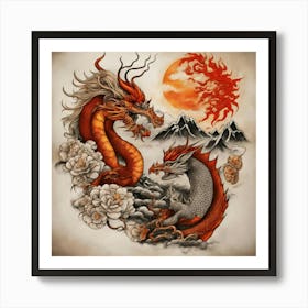 Dragons And Flowers Art Print