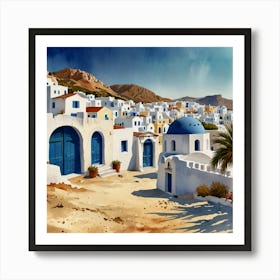 Aegean Village.Summer on a Greek island. Sea. Sand beach. White houses. Blue roofs. The beauty of the place. Watercolor. Art Print