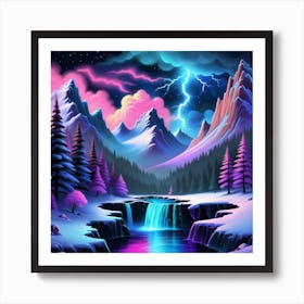 Winter Landscape With Lightning Art Print