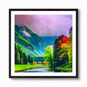 Watercolor: Green And Red Trees And A River With Mountains And Clouds In The Background Art Print
