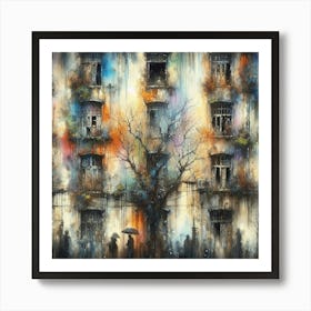 Enigmatic Night: A Mold-Stained Wall Without Windows - A Watercolor Tribute to Schaller and Merriam, Brushwork with Depth and Texture, Vibrant Palette of Foreboding, Inspired by Artgerm and Giger, Infused with Matte Film Poster Essence and Golden Ratio Compliance - A Digital Art Trendsetter. Art Print