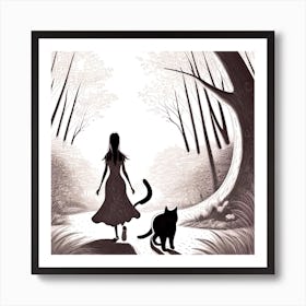 Cat And Woman Walking In The Woods Art Print