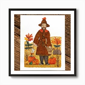 A Seasonal Autumn Greeting Card Joyfully Featuring A Cheerful Pilgrim Adorned In The Traditional Br 1 Art Print