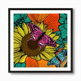 Seamless Pattern With Sunflowers And Butterflies 1 Art Print