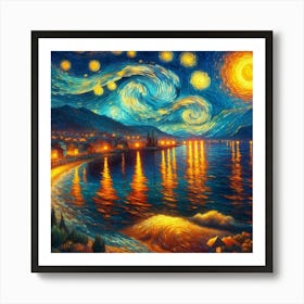 Starry Night Landscape by The Sea, Van Gogh, Painting Art Art Print