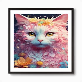 Pink Cat With Flowers Art Print