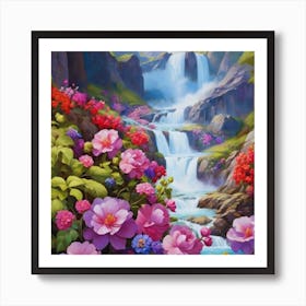 Waterfall With Flowers 1 Art Print