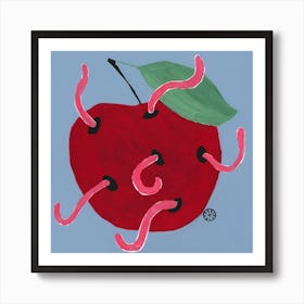 Wormy Apple fruit square red blue kitchen modern worm halloween Art Print