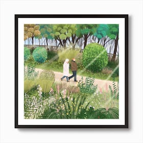 Old Couple Walking In The Garden Retirement Life Square Art Print