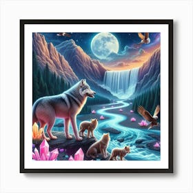 Wolf Family by Crystal Waterfall Under Full Moon and Aurora Borealis 8 Art Print