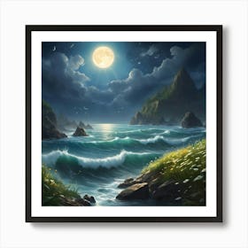 Moon High In Night Sky Waves Crashing On The Shore Art Print