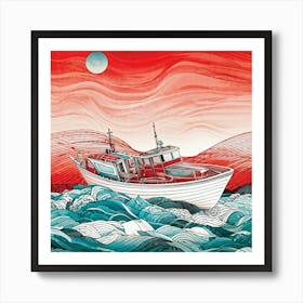 Hand Drawn Illustration Of A Boat Gently Swaying On The Undulating Sea Of Artificial Intelligence I Art Print